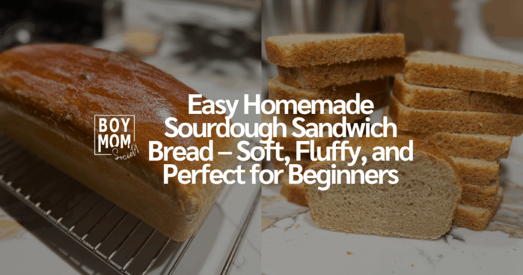 Soft sourdough sandwich bread loaf on a cooling rack – easy homemade recipe by Boy Mom Society