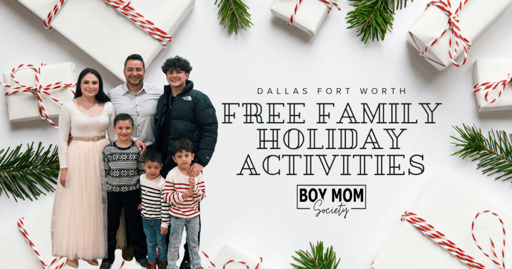 Family photo promoting free family holiday activities in Dallas–Fort Worth, created by Boy Mom Society