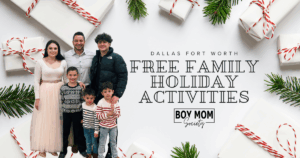 Family photo promoting free family holiday activities in Dallas–Fort Worth, created by Boy Mom Society