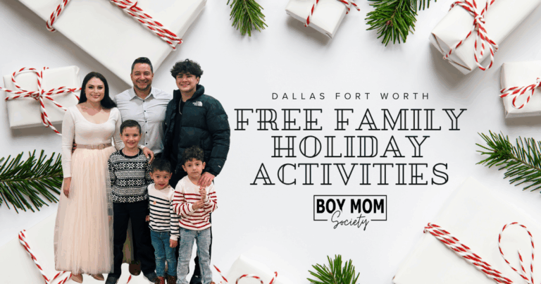 Family photo promoting free family holiday activities in Dallas–Fort Worth, created by Boy Mom Society