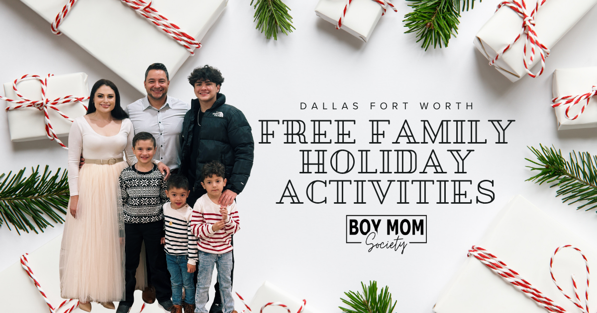Family photo promoting free family holiday activities in Dallas–Fort Worth, created by Boy Mom Society