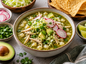Pozole verde with chicken, hominy, avocado, radishes and fresh toppings