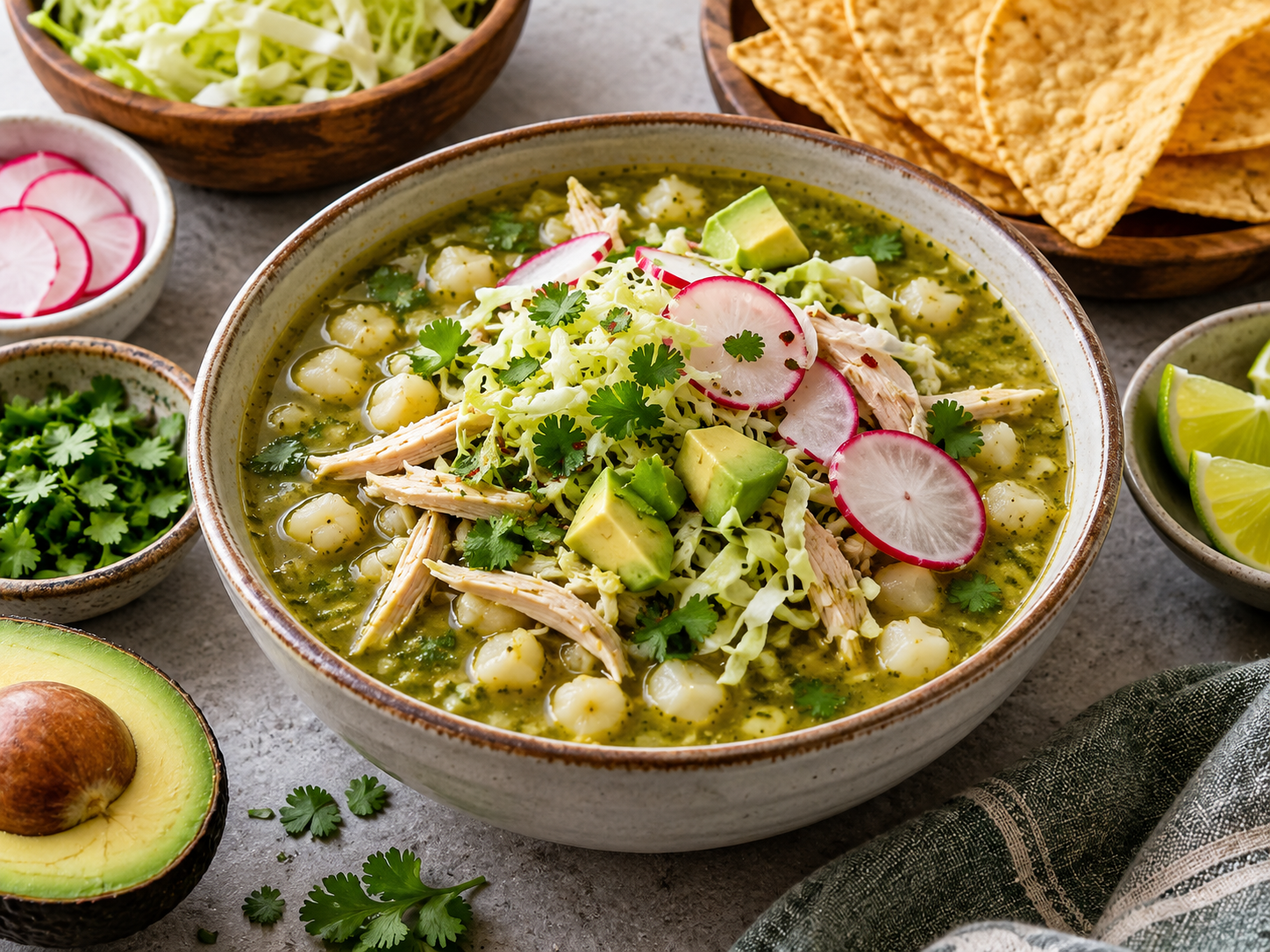 Pozole verde with chicken, hominy, avocado, radishes and fresh toppings
